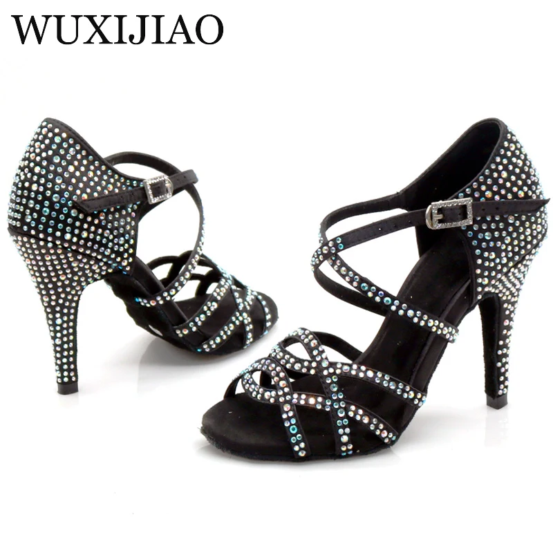 WUXIJIAO women\'s Latin dance shoes color satin sequins rhinestones Cuban high heels 9cm