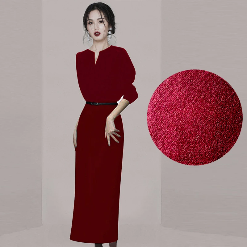 2023 Autumn Winter Woolen Office Ladies Dress Elegant Women Thick Tweed Wine Red O Neck Long Sleeve Bodycon Midi Dress With Belt