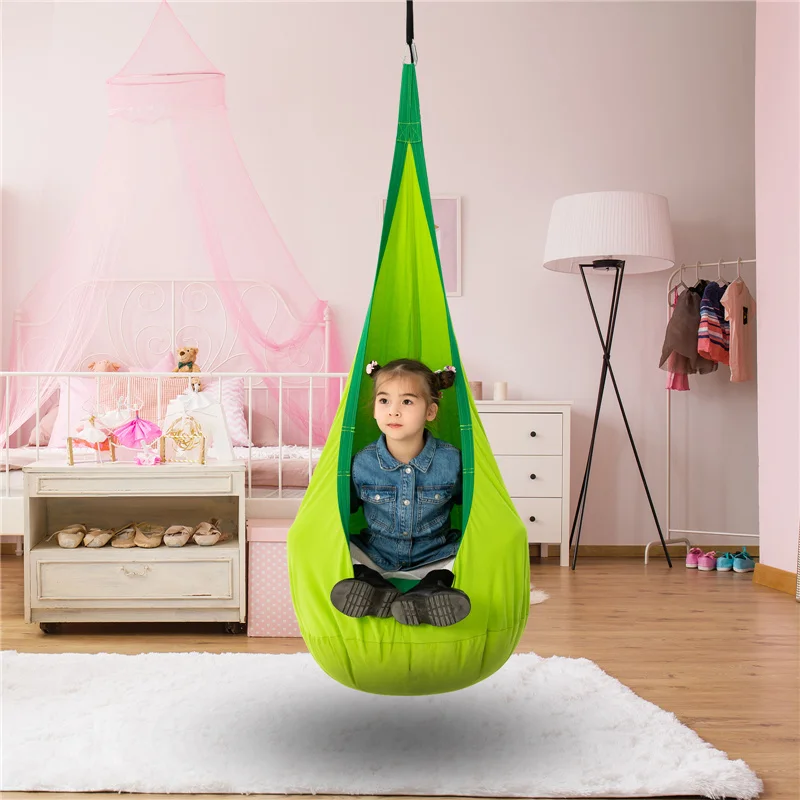 Kids Pod Swing Seat 100% Cotton Hammock Chair Portable Decor Home Space Saving  Indoor Outdoor Use with PVC Inflatable Cushion