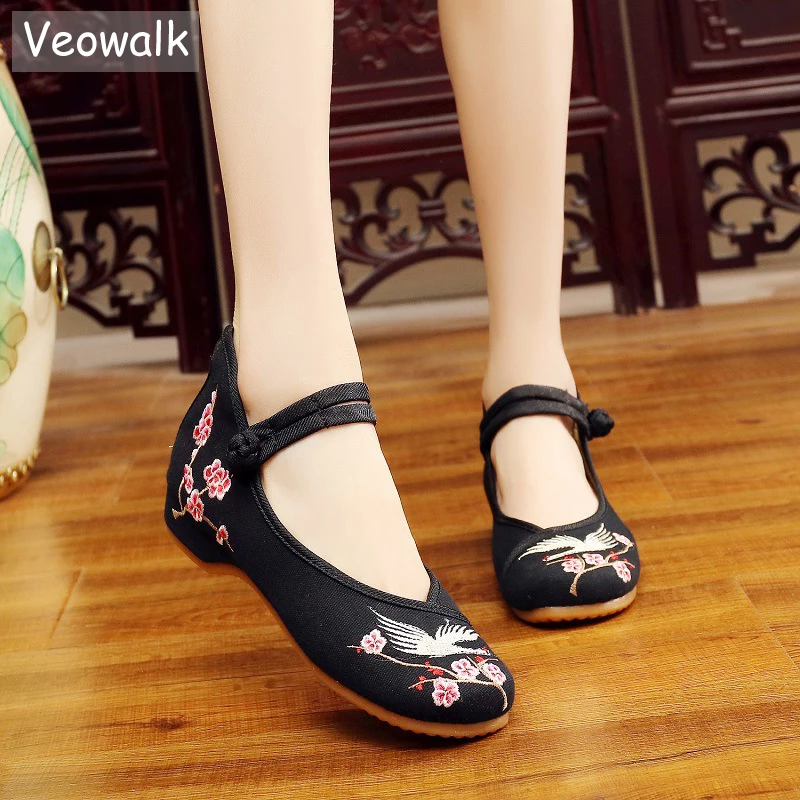 Veowalk Vintage Crane Embroidered Women's Canvas Ballet Flats Ladies Casual Breathable Chinese Embroidery Buckle ballerina Shoes