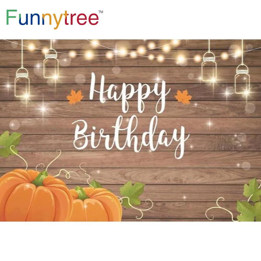 

Funnytree Happy Birthday Party Autumn Pumpkins Wood Lights Background Banner Harvest Wishing Bottle Dots Backdrop Photobooth