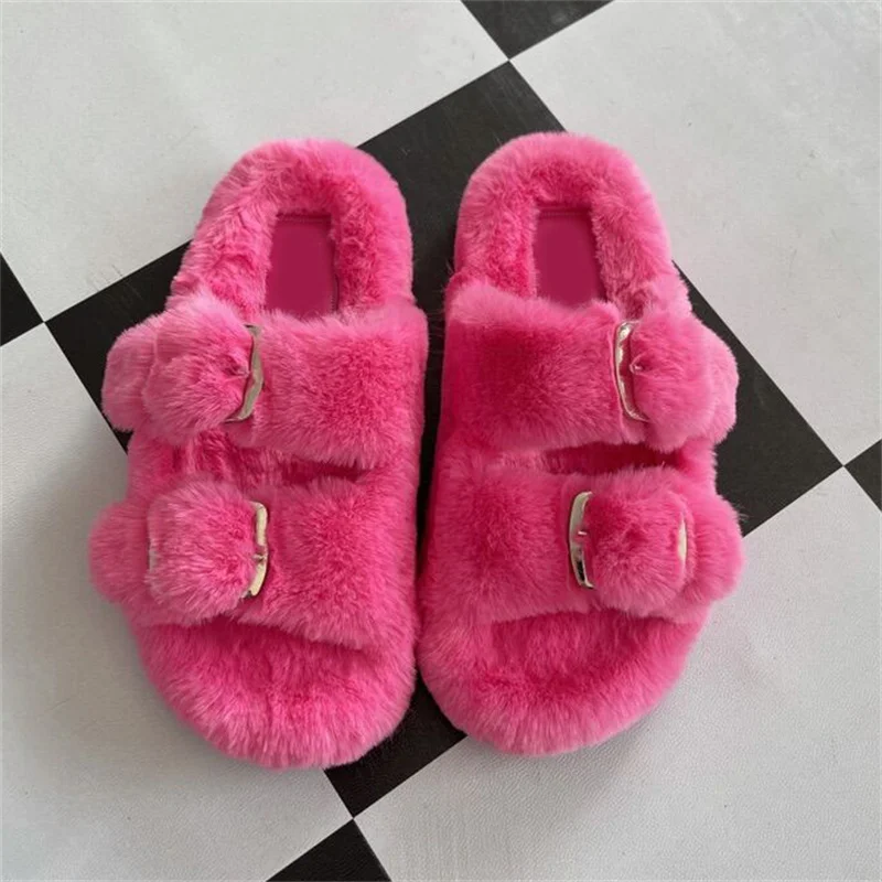 Winter Faux Fur Slippers Warm Fluffy Slippers Shoes For Women Indoor Floor Slides Flat Soft Furry Ladies Female Outdoor Slippers