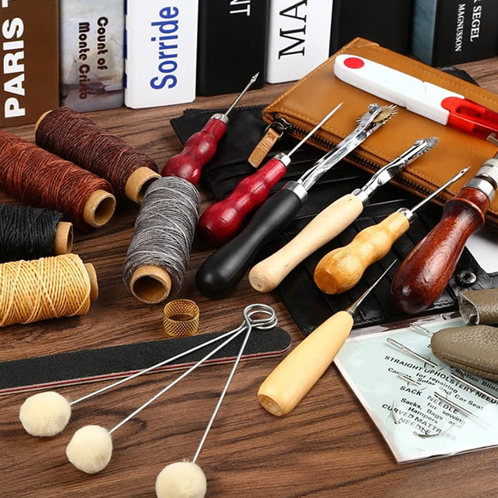 Leather Working Tool Wood Durable Multicolor Easy To Use Metal 31pcs Groover Awl Waxed Thread Thimble Kit Sewing Tools