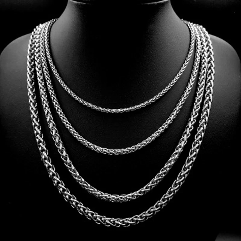 Any Length 3/4mm Wide Mens Chain Necklace Wheat Link Tone Stainless Steel Chain High Quality