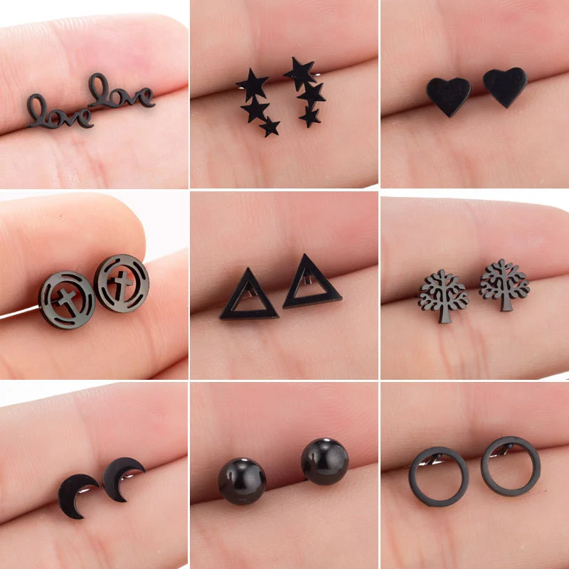 Stainless Steel Black Earrings for Women Men Fashion Small Geometric Triangle Circle Moon Earring Jewelry pendiente Gift 2024