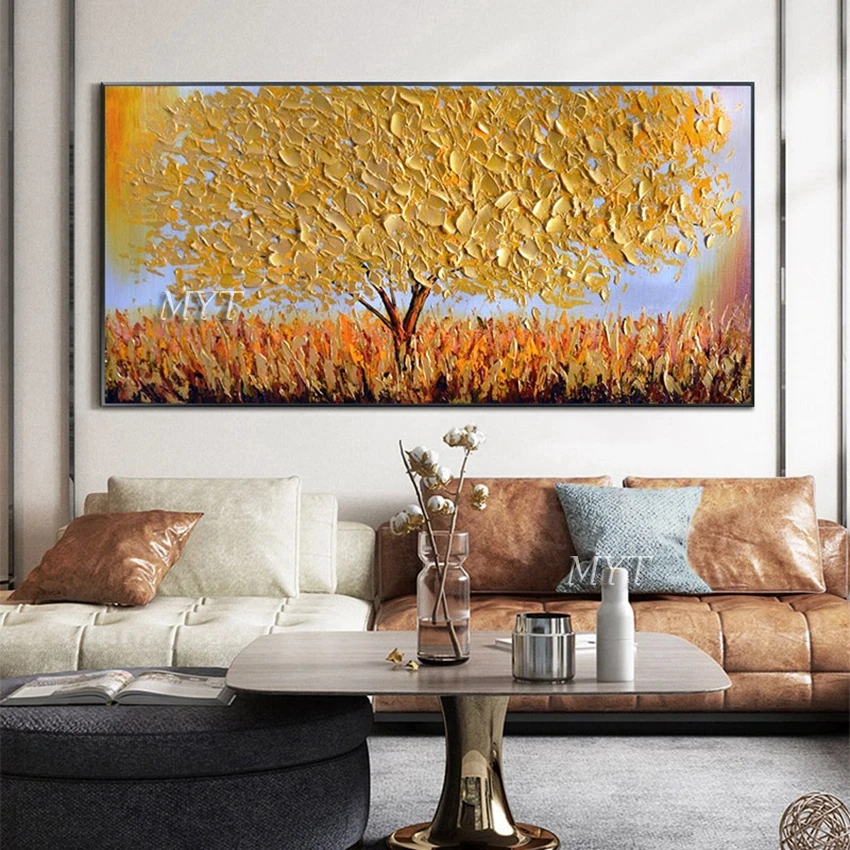 

3D Textured Heavy Thick Acrylic Art Oil Painting Palette Knife Golden Trees Pictures Craft Hand Painted Canvas Wall Art