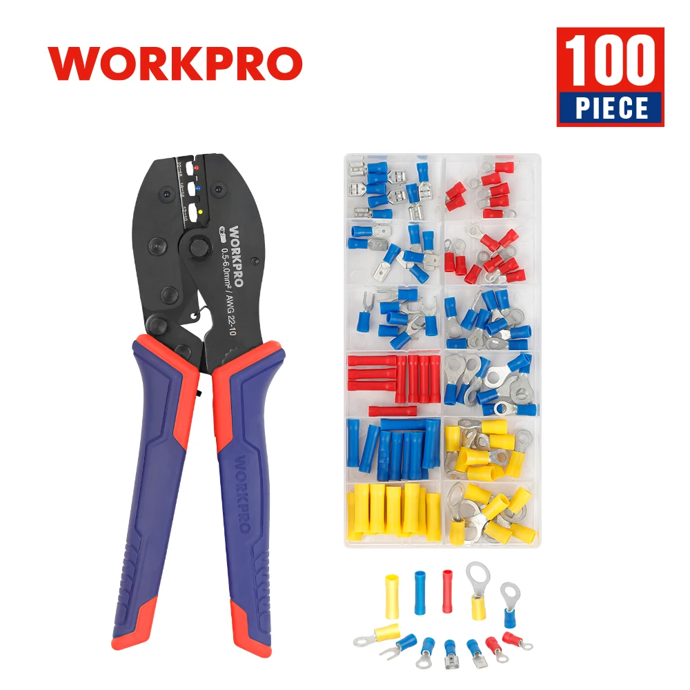 WORKPRO Crimping Pliers Set With 100PC Wire Terminals Crimper Cable Cutter Multifunction Crimping Tool Kit for 22-10AWG