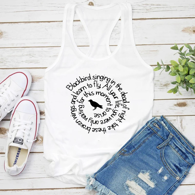 Blackbird Singing In The Dead Of Night Tank Women Aesthetic Flowy Graphic Gym Workout Tops Clothing