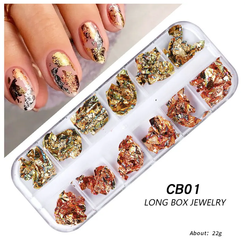 12 Gitter mit glitzernden Goldfolien für Nagelkunstdekoration, unregelmäßige Glitzer-Aluminiumflocken, Pailletten-Chip-Design für DIY-Schönheitsprojekte – Detail 7