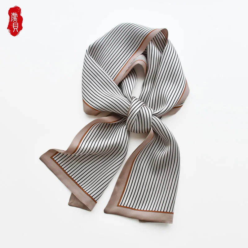 Light brown stripe natural silk women long scarf fashion ribbon foulard design neckerchief headscarf bandana warp gift for girls