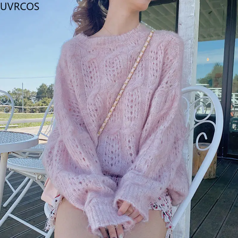 Women Mohair Soft Thin Sweaters Retro Hollowed Rib Knitted Pullovers Sweet Girls O-neck Loose Sweatshirt Elegant Korean Clothing