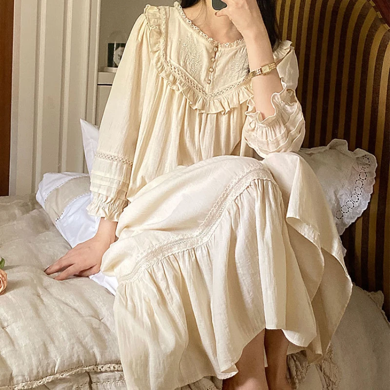 

Pure Cotton Vintage Nightgowns Women Autumn Robe Nightie Long Night Dress Wear Victorian Romantic Princess Sleepwear Nightdress