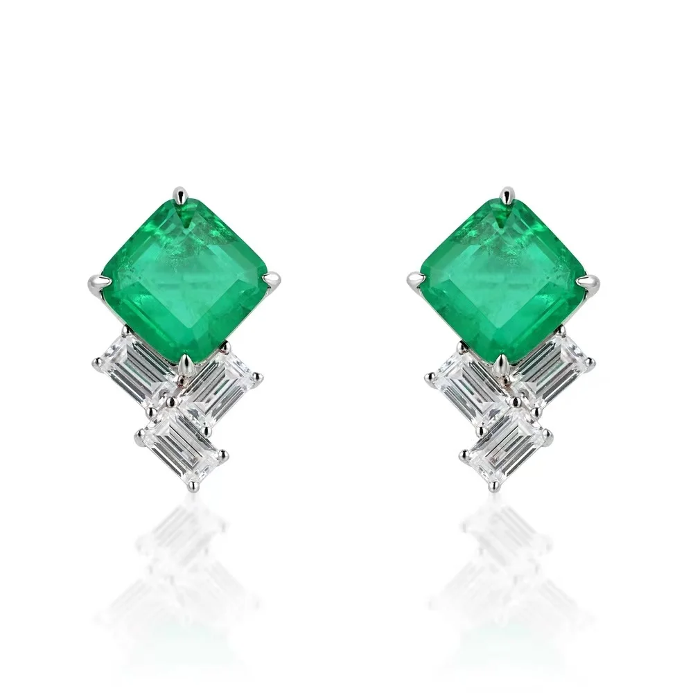 Original Design 925 Sterling Silver Geometric Synthesis Emerald Cubic Zirconia Stud Earrings for Women S925 Emerald Earrings