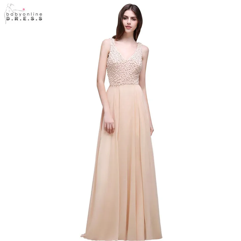 

In Stock Champagne Long Evening Dress Pearls Sexy V-neck Backless Beadings Evening Party Dresse Chiffon Robe De Soiree