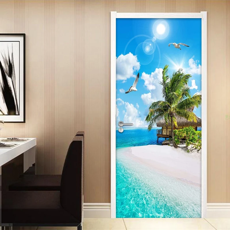 

Sandy Beach Seascape 3D Door Sticker PVC Waterproof Self-adhesive Mural Wall Decals Living Room Bedroom Door Stickers Wallpaper