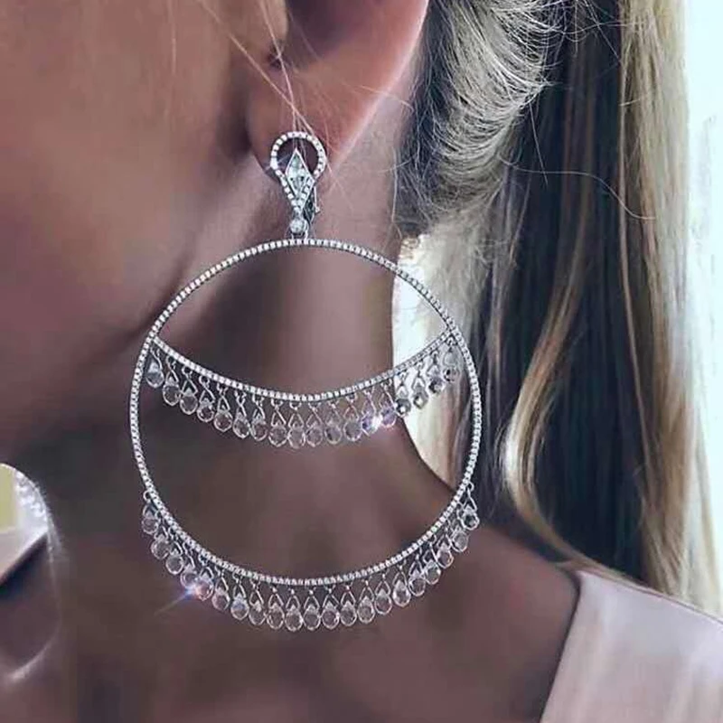 

Luxury Water Drop Colorful Crystal 925 Sterling Silver Tassel Dangle Earrings Double Layer Large Cuff Women Wedding Fine Jewelry