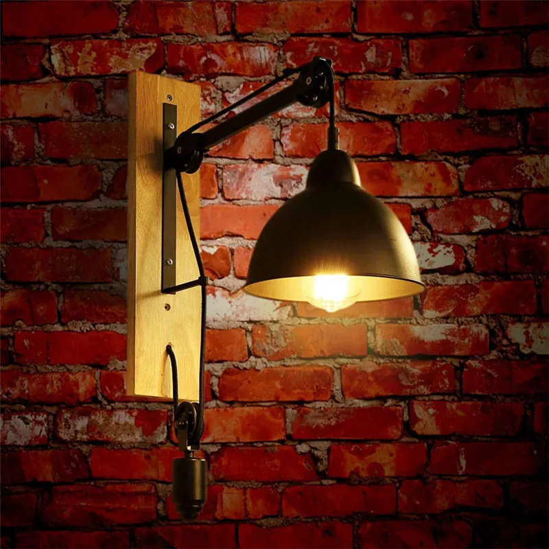 

Vintage Wooden pulley Vintage wall light stairs led light Coffee Shop Bar Kitchen Aisle Corridor wall Retro Wall light fixtures