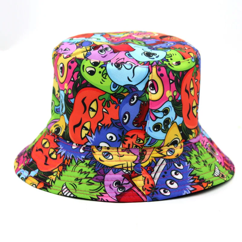 New Summer Women Men Fisherman Hat Foldable Cartoon Bucket Hat Street Hip Hop Bucket Hats Caps Print Panama Fishing Hats gorras