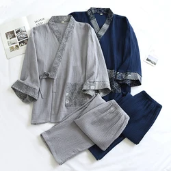 Conjunto de ropa de casa de estilo japonés para hombre, kimono con estampado kawaii, yukata, ropa de dormir de algodón, bata de baño, camisón, 2 piezas, 2023