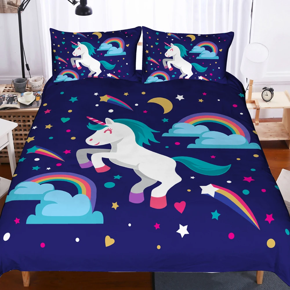 

3D Printed Flying Cartoon Unicorn Duvet Covers with Pillow Cover Strips Bedding Set Single Double Twin Queen King Size Bedsheets