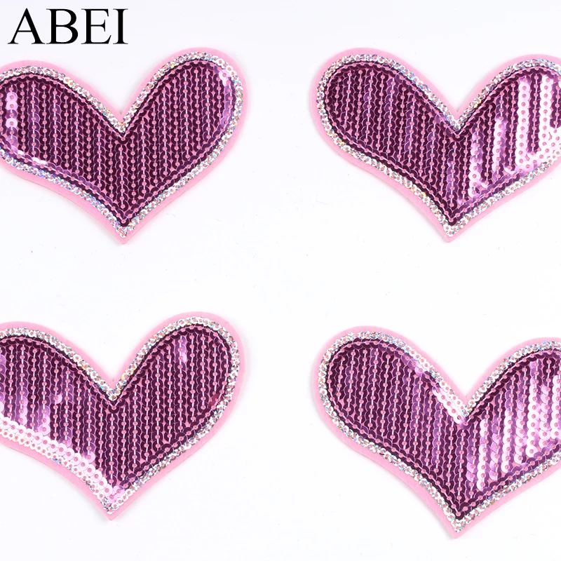 10pcs/lot Sequined Pink Heart Patch Embroidery Cartoon Stickers For Clothing Shoes Bags Decoration DIY Iron on Appliques Badge