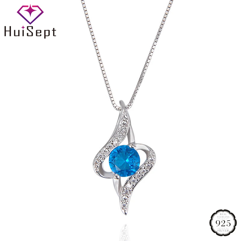 

HuiSept Trendy 925 Sterling Silver Necklace Jewelry Round Sapphire Zircon Gemstone Pendant for Women Wedding Ornaments Wholesale