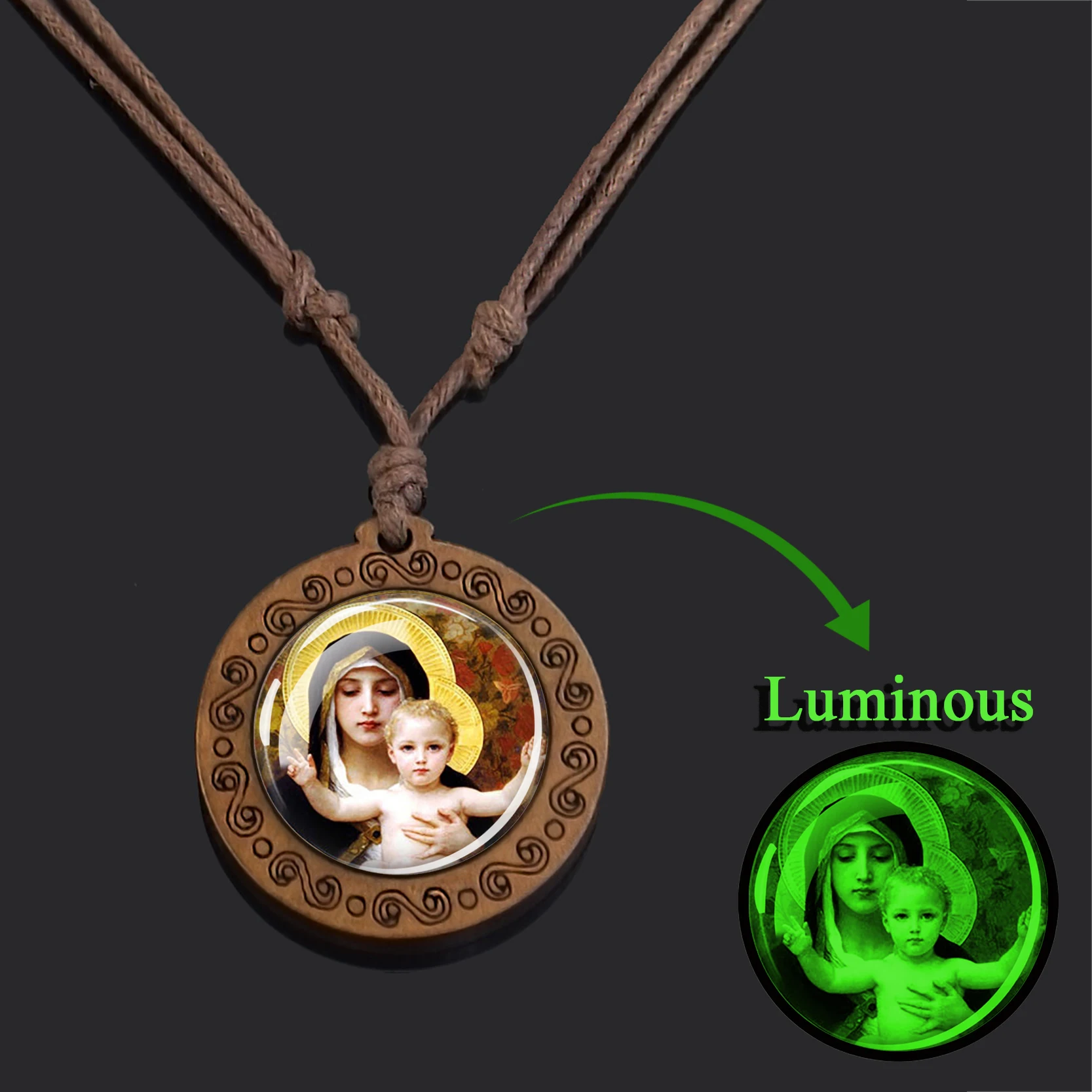 Virgin Mary and Baby Jesus Christian Catholicism Necklace Blessed Mother Religious Glass Dome Wooden Pendant Luminous Jewelry