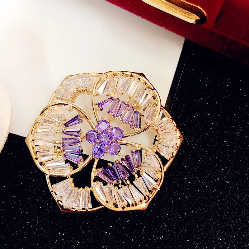 Brooches For Women Shirt Pin Purple Flower Cubic Zircon Luxuriant Sweater Cardigan Clip Chain Buckle Fine Jewelry Drop Shipping