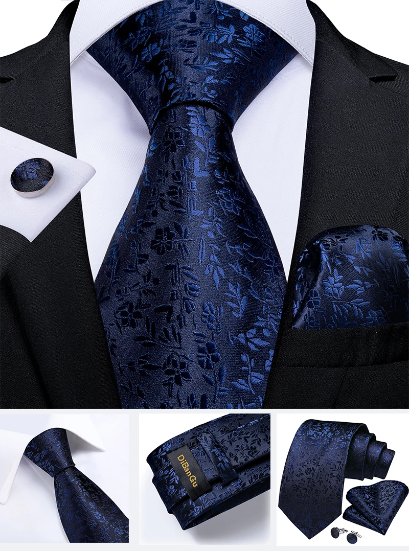 Klassische marineblaue Herrenkrawatte, gestreift, Paisley-Blumenmuster, Krawatten-Set mit Einstecktuch und Manschettenknöpfen, Business-Krawatten-Set, Geschenk für Männer – Detail 20