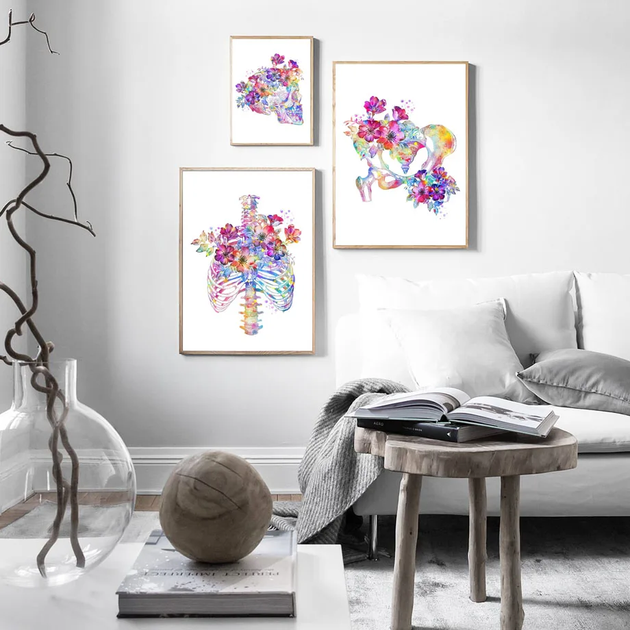 Skeleton anatomy, floral skull hand and foot anatomy, doctor room clinic wall art poster home decor