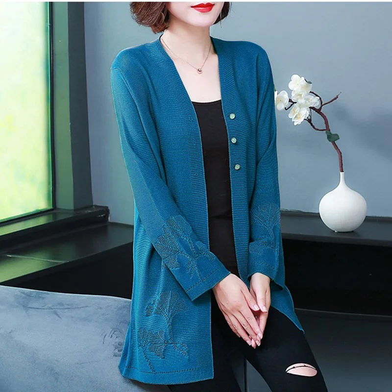 High Quality Ice Silk Knitting Cardigan Female Thin Shawl Knitted Coat Large Size Middle-aged Elderly Women Cardigan Jacket 6XL