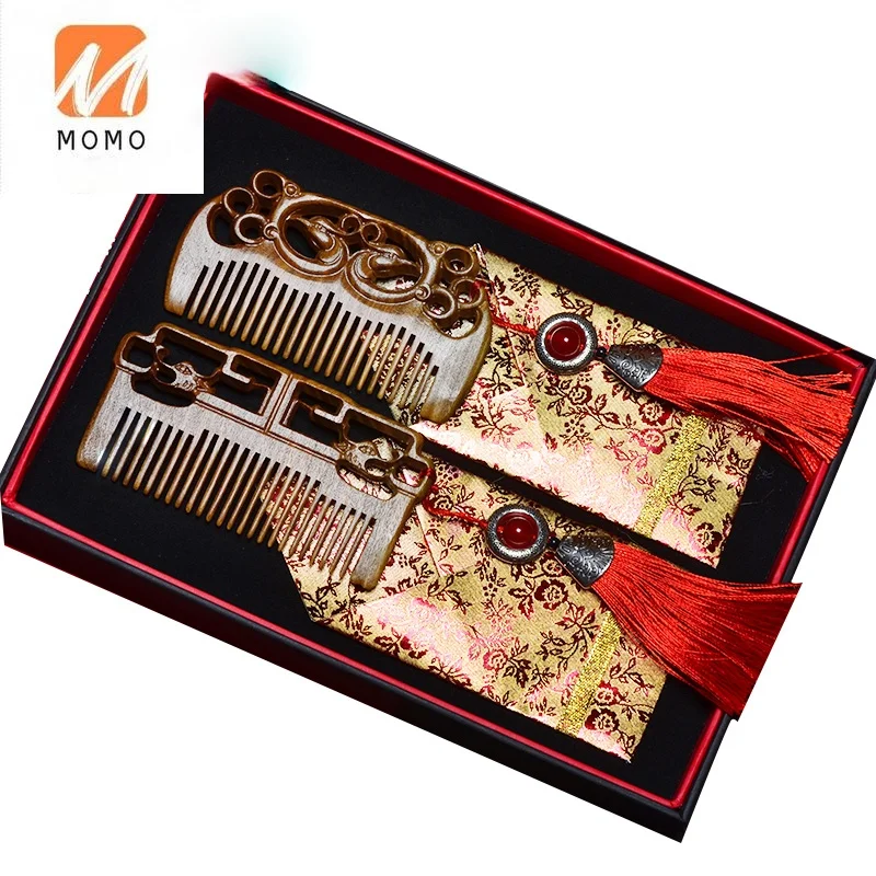 High-End Luxury Chinese Wedding Carving Wooden Comb Anti-Hair Loss Natural Green Sandalwood Comb Wooden Comb Carved