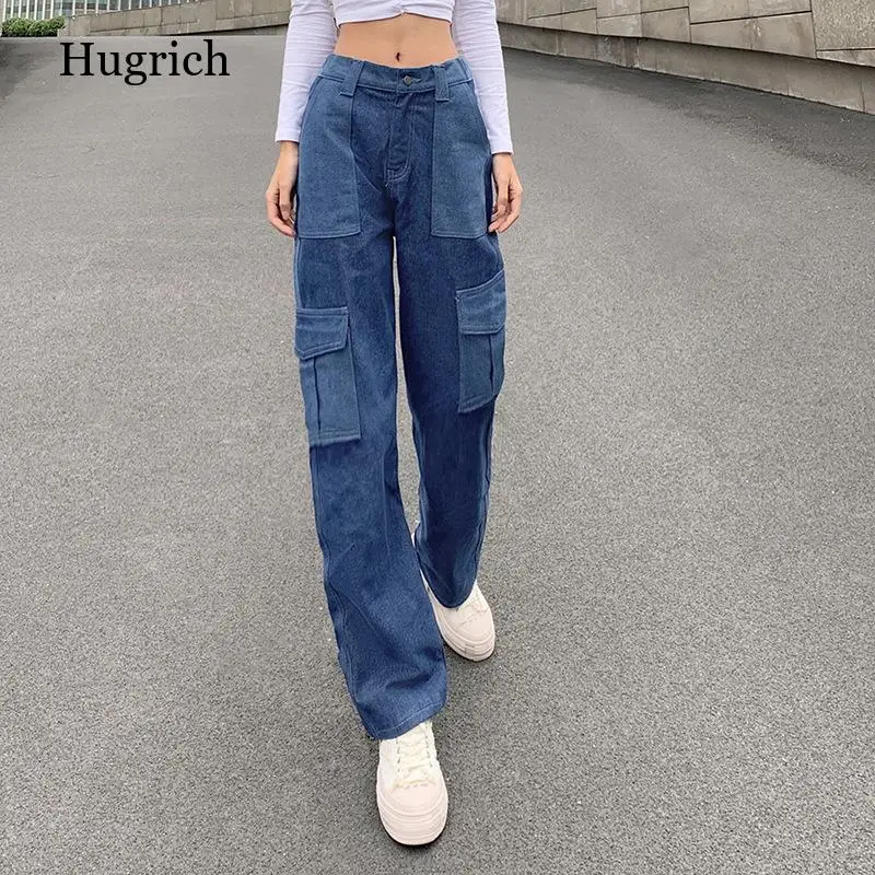 2021 Streetwear Hip Hop Ladies Pants Fashion Stitching Pocket High Waist Tooling Jeans Casual Trousers Female Pantalon Mujer