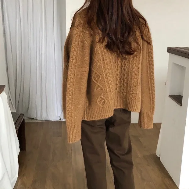 Fall Winter New Style 100% Cashmere And Wool Sweater Cardigan Women Loose Lazy O-Neck Twist Cardigans Soft Knitted Jacket