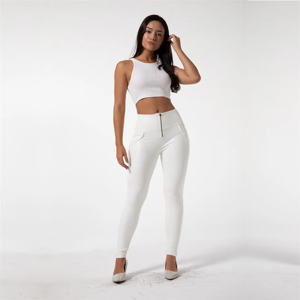 Melody White Wet Look Pants High Waisted Faux Leather Thin Skinny Leggings Elastic Pleather Pants Butt Lifting Sexy Night Club