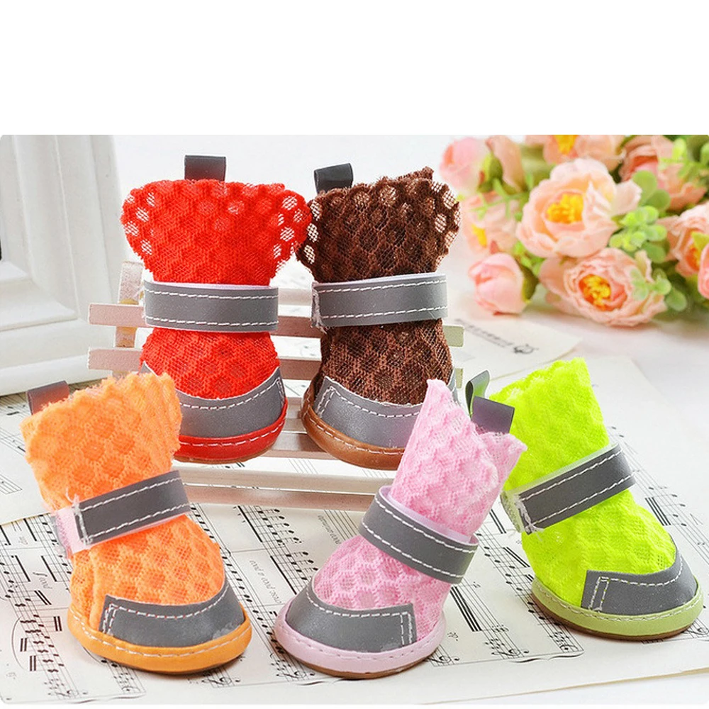 

4pcs Pet Dog Shoes Summer Puppy Breathable Mesh Sandals Soft Bottom Anti-slip Sandals for Puppy Chihuahua Botas Red/pink/blue