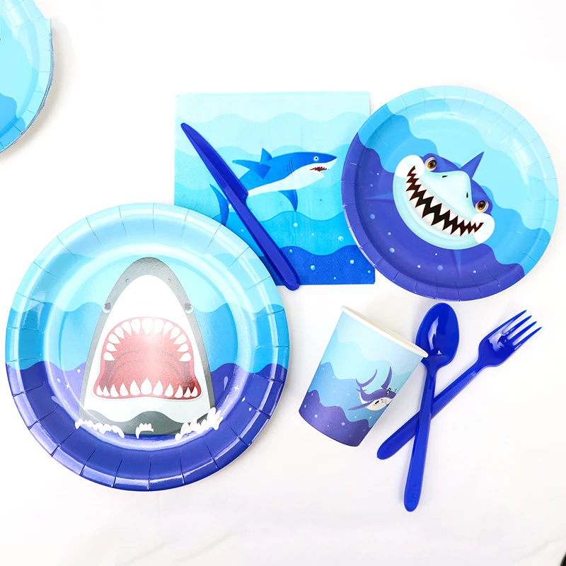 Cartoon Shark Theme Party Disposable Tableware Set Paper Plates Cups Napkin Baby Shower Children Birthday Party Decor Supplies