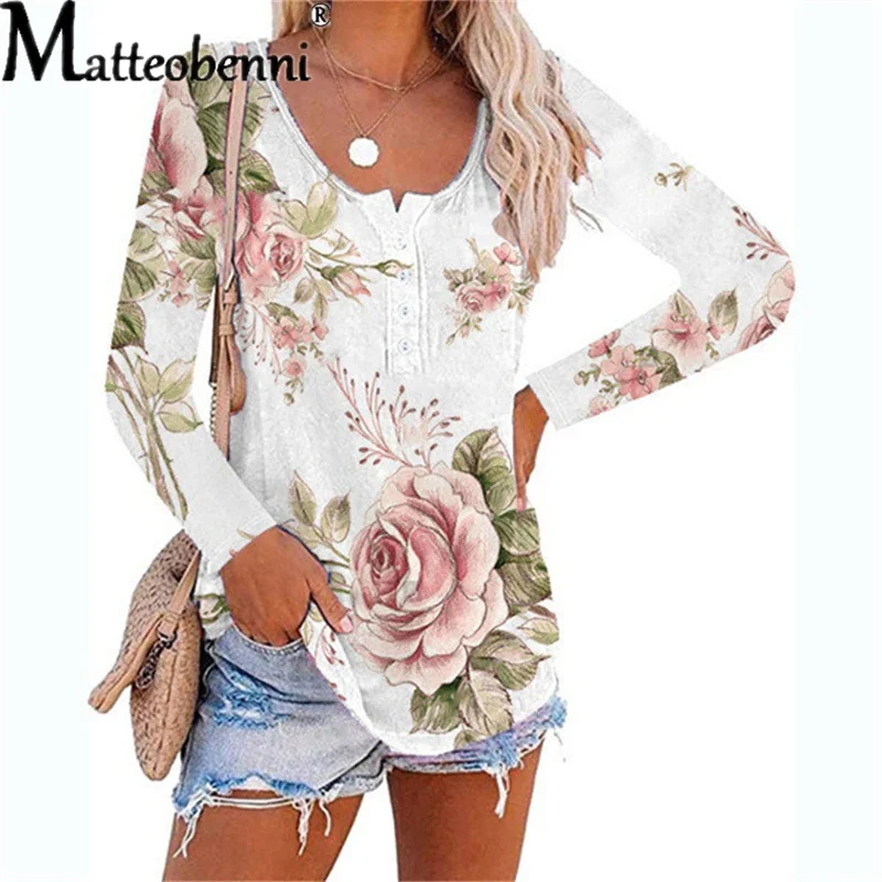 

2024 Autumn Flower Print T-Shirt Women Casual Long Sleeve Round Neck Button Tops Fashion Elegant Pullover Loose Straight T-Shirt