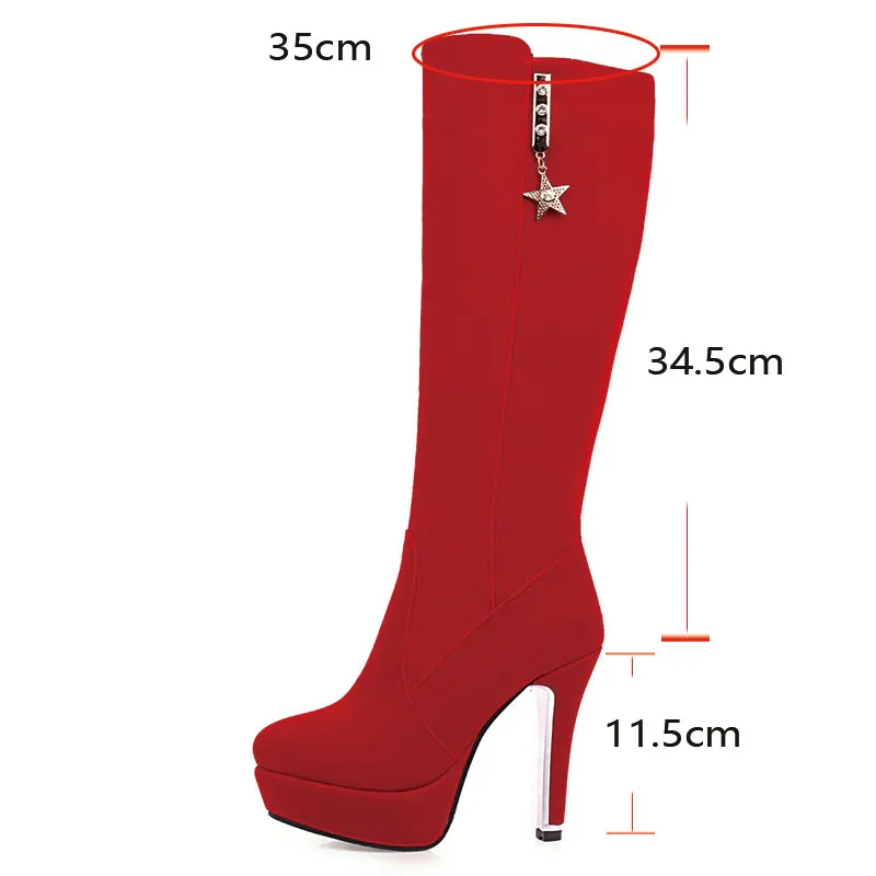 Lasyarrow Knee-High Women Boots Shoes Zip  High Heels Long Boots Round Toe Thin Heels Boots Ladies Winter Black Size 30-48