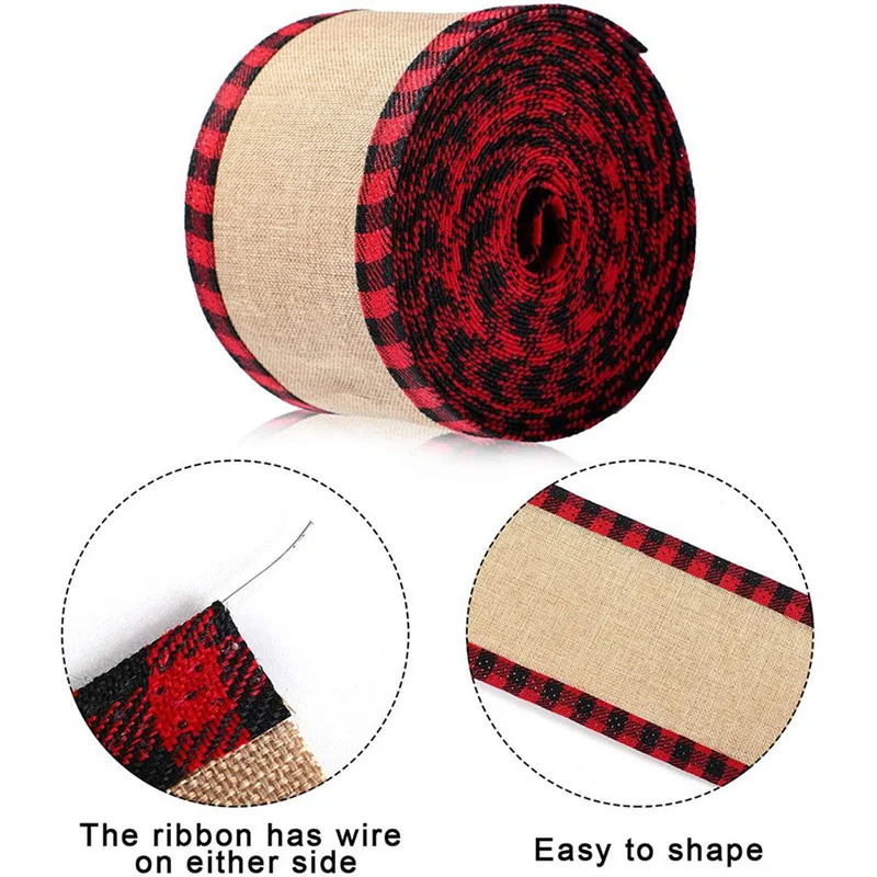 Red White Christmas Ribbon Wide Burlap Jute Grosgrain Tape Grid Print Wired Ribbons for Wed Decor Packaging Xmas Gift Wrapping