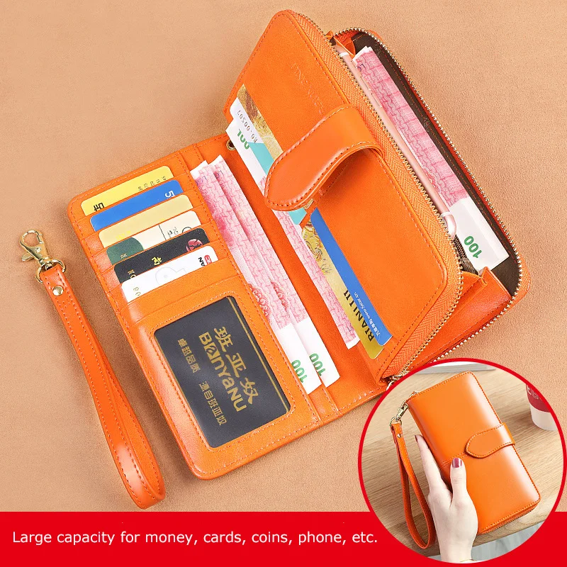 Large Wallets for Women Wallet Genuine Leather Orange Womens Purse Zipper Long Phone Bag Red RFID Card Holder Coin Purses Clutch