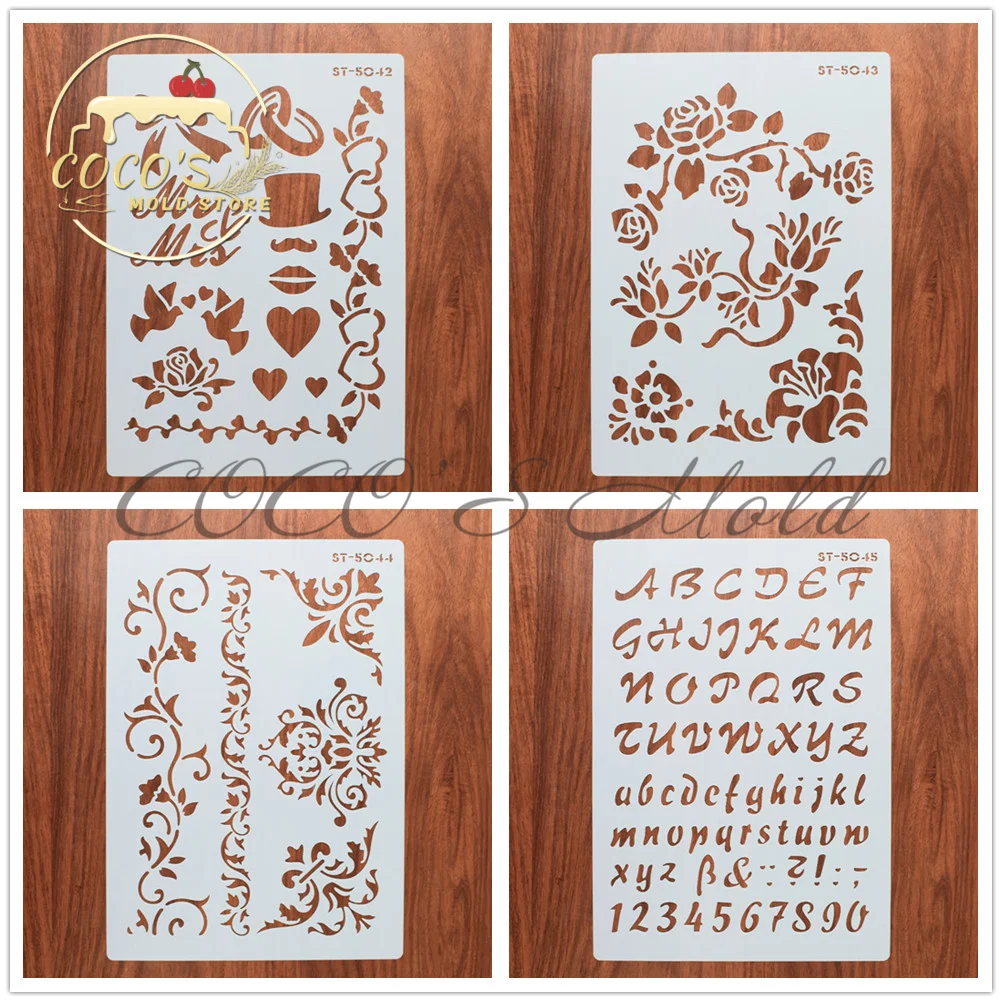 A4 Size Alphabet/Flower Design Lace Cake Stencils Template Plastic Cake Decorating Tools Kitchen Accessories Bakeware