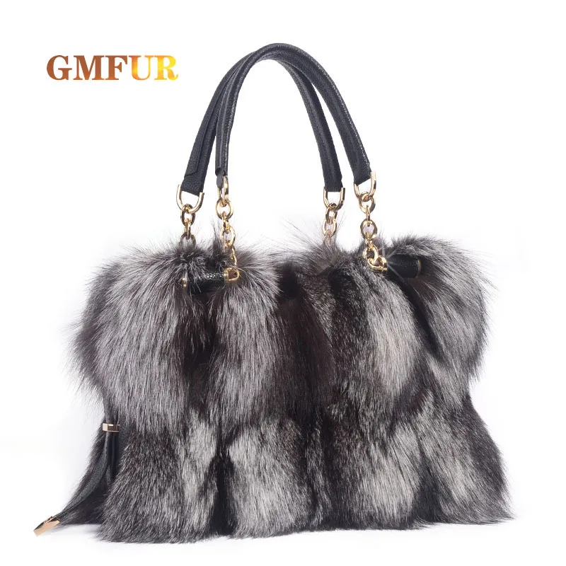 Ladies Purses 100% Real Silver Fox Fur Shoulder Messenger Women Crossbody Bags For Luxury Designer Dinner Bag Wallet Handbag