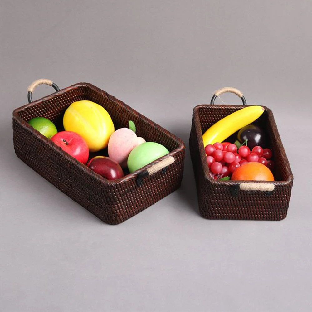 

Chinese Retro Style Handmade Eco-friendly Rattan Storage Basket With Metal Handle Portable Storage Container For Fruit Snacks