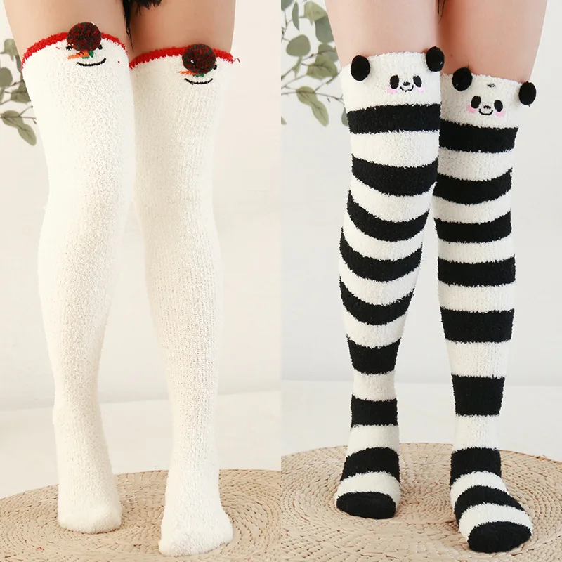 Calcetines altos hasta la rodilla con estampado de gato, oso y ciervo, calcetín grueso a rayas, Kawaii, Invierno