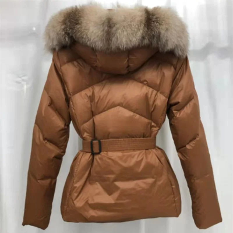 High Quality Women Fashion Hooded Down Jackets Large Fox Fur Collar Light Fluffy Winter Warm Down Coats with Belt Casual Clothes