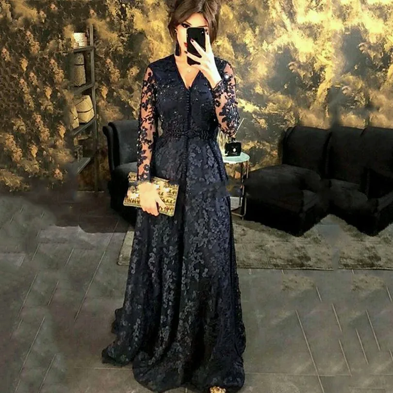 Robe de Soirée Noire en Dentelle Caftan Marocain, Col en V, Tenue de Bal Arabe Musulmane, 2023