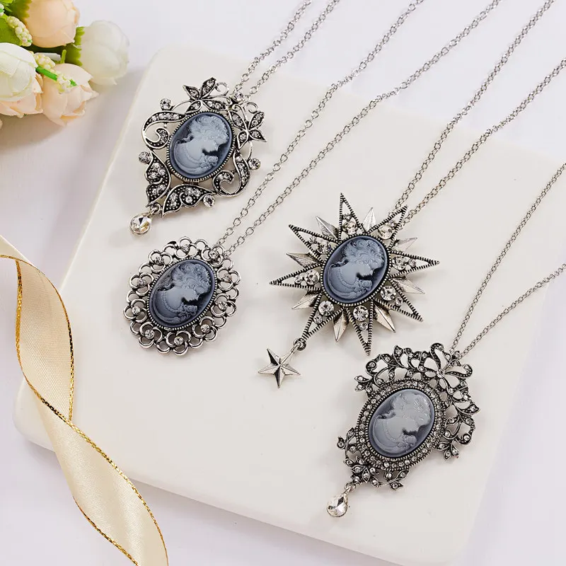 Vintage Beauty Portrait Long Sweater Chain Women Necklace Oval Resin Pendant Fashion Lady Silver Color Choker Baroque Jewelry