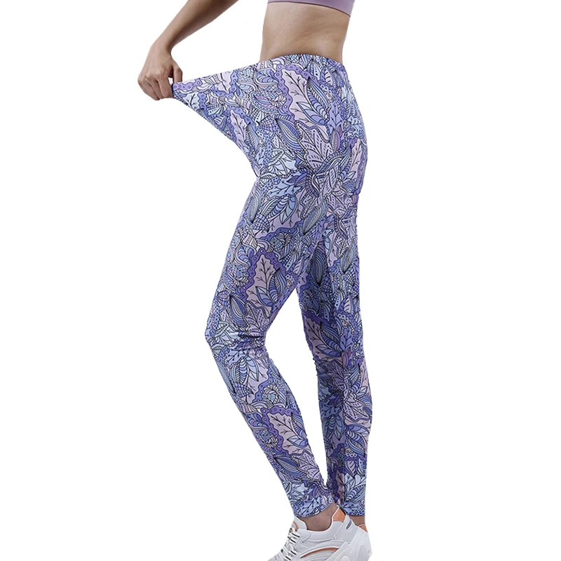 Yrrety Vrouwen Sport Broek Hoge Taille Elastische Leggings Polyester Ademend Paars Roze Blad Gebreide Fitness Nieuwe Bodem