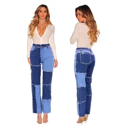 2023 Autumn New Trousers Fashion Stitching Color Contrast Jeans For Women High Stretch Denim Straight Pants XS-2XL Drop Shipping